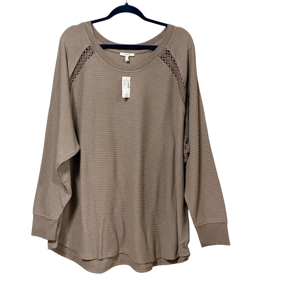 Maurices Womens 4X Waffle Knit Top Taupe Crochet Lace Shoulder Long Sleeve Tee